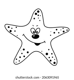Merry starfish. Vector linear stylized monochrome illustration in doodle style.