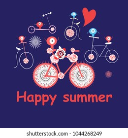 Merry summer vector card with funny bicycles on a dark background