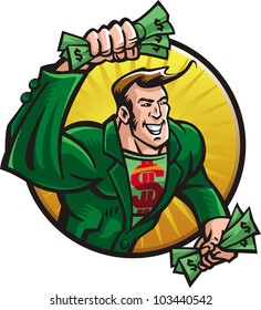 Merry superhero with money in a hurry to you