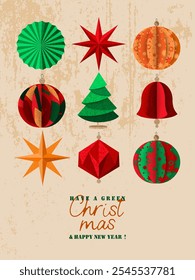 Merry sustainable Christmas. Poster, postcard, cover with Christmas tree paper ornament.