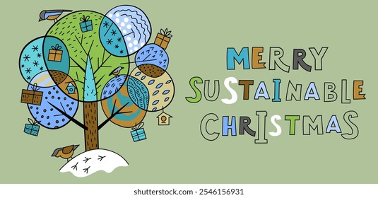 Merry sustainable Christmas. Sustainability concept. Eco-friendly new year horizontal background. Green new year postcard. Alternative eco xmas landscape print, banner. Editable vector illustration