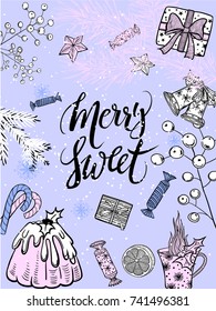 Merry sweet.Christmas set of plants with a bell, gifts, candy, cocoa in a mug, fir branches, leaves and berries. Christmas trees. Hand-written modern brushes. Drawn design elements.