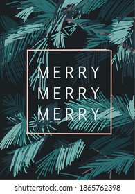 Merry Merry, Merry texto con ramas de árbol de abeto. ilustración de tarjeta de Navidad