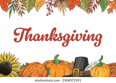 Merry Thanksgiving colorful vintage banner with holiday paraphernalia to decorate stage of festival dedicated to end of harvest vector illustration