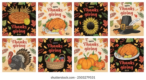 Merry Thanksgiving set stickers colorful with delicious pie and appetizing turkey or pumpkins with pilgrim hat vector illustration