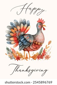 Merry Thanksgiving. Watercolor turkey with autumn leaves and Thanksgiving lettering background. Hand drawn watercolor illustration. Vector.