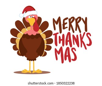 Merry Thanksmas (Merry Christmas and Happy Thanksgiving 2 in one) Autumn color poster with cute Turkey cartoon. Good for posters, greeting cards, banners, textiles, gifts, shirts, mugs.