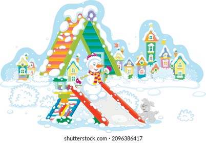 Merry toy snowman playing with a cute puppy on a colorful toy slide on a snow-covered playground in a winter park of a pretty small town on a beautiful snowy day, vector cartoon