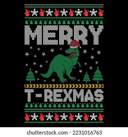 Merry T-REXMAS - Ugly Christmas sweater designs - vector Graphic