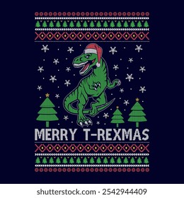 Merry T-Rexmas - Ugly Christmas sweater designs - vector Graphic