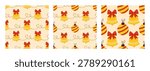 Merry vector bow and bell bg cover for festive christmas. Pattern with jingle bells and holly graphic checkered pink collection loop. Textile ornament doodle art with golden element xmas star.