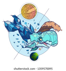 Merry whale. Illustration for thematic publications and the design of objects.
