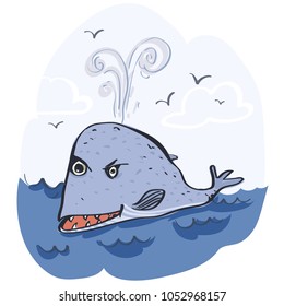 A merry whale sails into the sea. Vector illustration