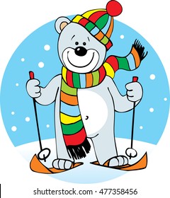 Merry White Bear skiing. Wearing a hat and scarf.