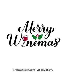 Merry Winemas calligraphy hand lettering. Funny Christmas quote. Winter holidays pun. Vector template for typography poster, banner, sticker, greeting card, shirt design etc