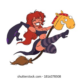 Merry witch flying on a broom with a horse's head