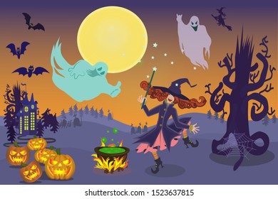 Merry witch, ghosts, bats, carved pumpkin Jack in the full moon celebrate Halloween. There's a magic potion brewing in the pot. Vector illustration