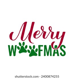 Frohe Woofmas Kalligraphie Handschrift. Weihnachts-Zitat des Hundes. Haustiere pun. Vektorvorlage für Typografie-Poster, Grußkarte, Banner, Aufkleber usw.