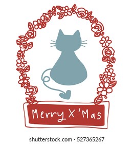 Merry X' mas. Cute cat surrounding with floral frame. Holiday season card. Christmas card. Vector illustration.