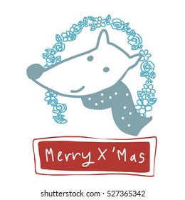 Merry X' mas. Cute dog with polka dot scarf surrounding with floral frame. Holiday season card. Vector illustration.