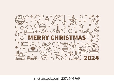Merry Xmas 2024 tarjeta de felicitación de línea delgada o Banner - concepto de navidad vectorial ilustración horizontal