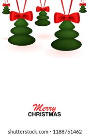 Merry Xmas a4 greeting card on white background. 3D Christmas trees with red bows. Vector illustration of winter decorations.