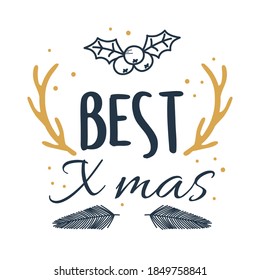 merry xmas best season lettering holly berry vector illustration