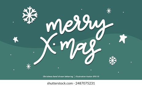 merry x-mas brush calligraphy, Handwritten ink lettering, handwriting on green background, Flat Modern design ,Vector illustration EPS 10