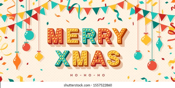 Merry Xmas card or banner with typography design. Vector illustration with retro light bulbs font, streamers, confetti and hanging baubles.