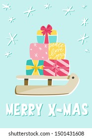 Merry x-mas card design. Christmas sleigh ride with a lot of gift boxes and hand drawn snowflakes. Various wrapping and ribbons in pink, minty blue and yellow happy colours. 