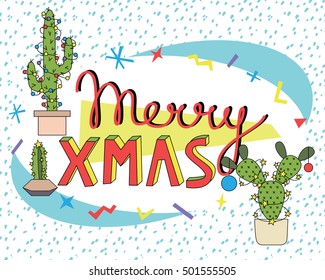 Merry xmas card. Retro 80s and 90s style vector art, poster. Bright vintage banner. Abstract pattern in Memphis style.
