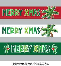 Merry Xmas  - Christmas Banners Set With Palm Tree Decorated With Christmas Lights Garlands. Festive Header Design For Your Site.