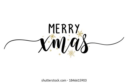 Merry Xmas (Christmas) - Inspirational Christmas beautiful handwritten quote, gift tag, lettering message. Hand drawn winter, december phrase. Handwritten modern brush calligraphy for Xmas. 