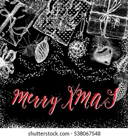 Merry Xmas or Merry Christmas lettering. Handdrawn holidays card.