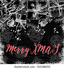 Merry Xmas or Merry Christmas lettering. Handdrawn holidays card.