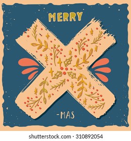 Merry X-mas. Christmas poster with hand lettering and decoration elements on grunge background.