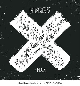 Merry X-mas. Christmas poster with hand lettering and decoration elements on grunge blackboard background.