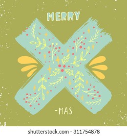 Merry X-mas. Christmas poster with hand lettering and decoration elements on grunge background.