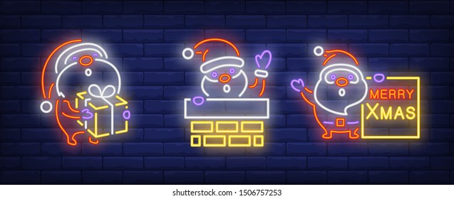 Merry Xmas collection in neon style. Santa, New Year, presents. Night bright advertisement. Vector illustration in neon style for banner, billboard