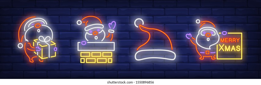 Merry Xmas collection in neon style. Santa, New Year, presents. Night bright advertisement. Vector illustration in neon style for banner, billboard
