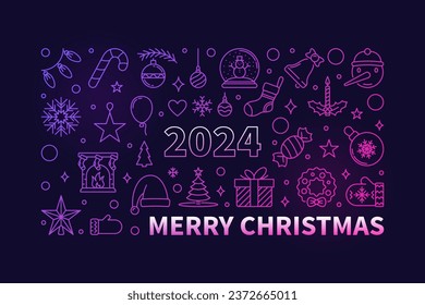 Merry Xmas colored modern outline banner - vector 2024 Christmas horizontal illustration