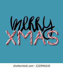 Merry Xmas - creative poster with handdrawn lettering. Handwritten black phrase and Candy cane red and pink letters on cyan background. Vector tag for greeting card