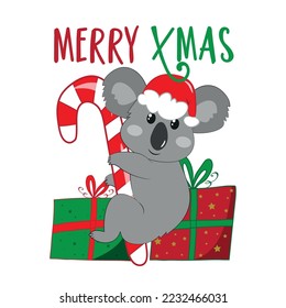 Merry Xmas - cute koala bear in Santa hat with candy cane, and Christmas presents. Good for greeting card, textile print, poster, label, and other decoration.