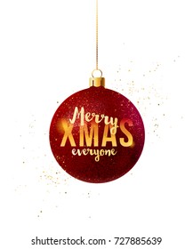 Merry xmas everyone type design in a red shiny Christmas ball. Vector illustration