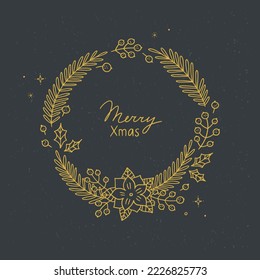 Merry Xmas floral wreath. Christmas wreath vector illustration. Festive botanical wreath