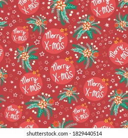 Merry X-mas flower vector pattern seamless red. Repeating Christmas background with poinsettia flowers and stars. Use for gift wrap, holiday greeting cards, gift bags, fabric