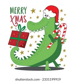 Merry Xmas - funny alligator or crocodile in Santa's hat, and with candy cane, Christmas present. Good for Baby clothes, greeting card, label, and other gifts design.