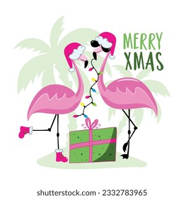 Merry Xmas - funny flamingos in santa hat with Christmas present in island. Good for T shirt print, greeting card, poster, label, and other gifts design.