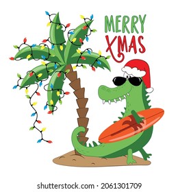 Merry Xmas - Funny Santa Crocodile With Surfboard, In Island And Palm Tree Decorated With Christmas Lights Garland,  Isolated On White Background. 