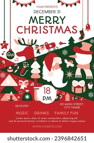 Merry Xmas geometric pop art poster in red green colors with Christmas tree toys, firecrackers, Santa Claus, snowman and invitation text. Template for printing, announcement, guests inviting . Vector